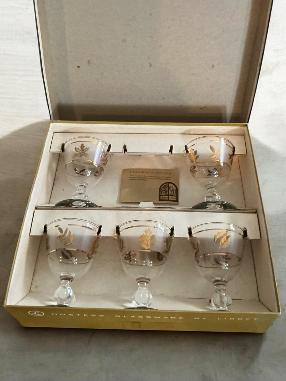 5 Vintage MCM Libbey Golden Foliage Cocktail Bar
Glasses 4"x3" W/Original Box